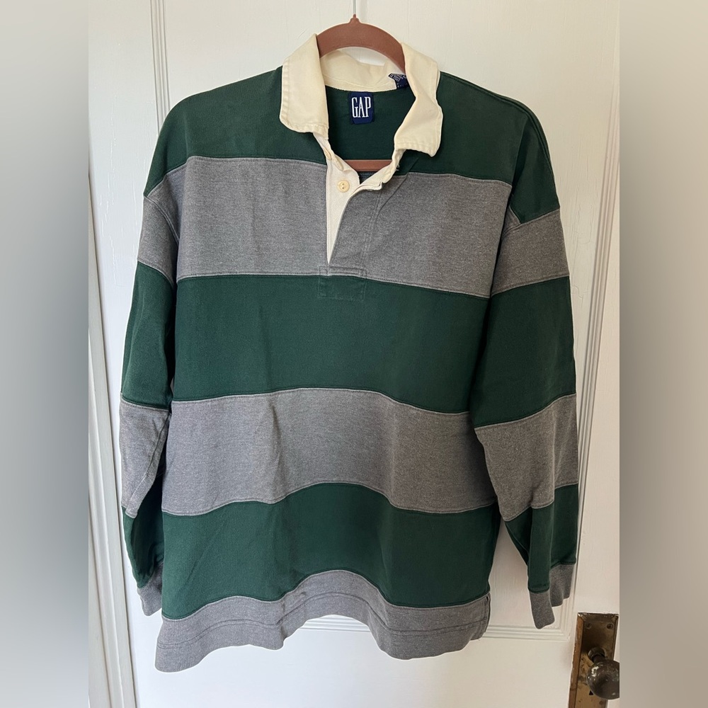 Vintage GAP Men’s Green Gray Striped Rugby Shirt Cream Collar Medium 100% Cotton